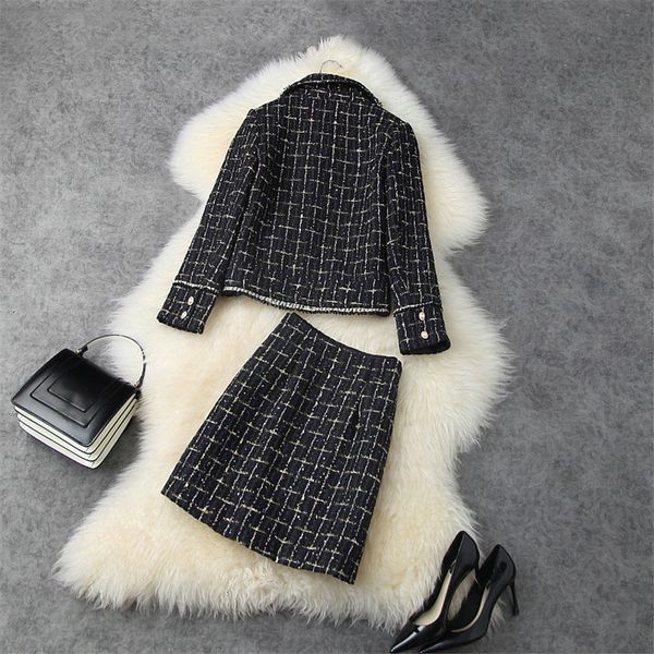 

winter runway female plaid tweed wool coat and skirt elegant suit lady twinset work, Black