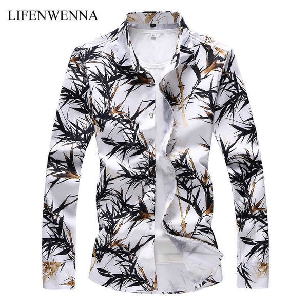 

fashion bamboo print shirt men autumn arrival slim fit long sleeve shirt mens clothing mens casual flower shirts -7xl 210528, White;black