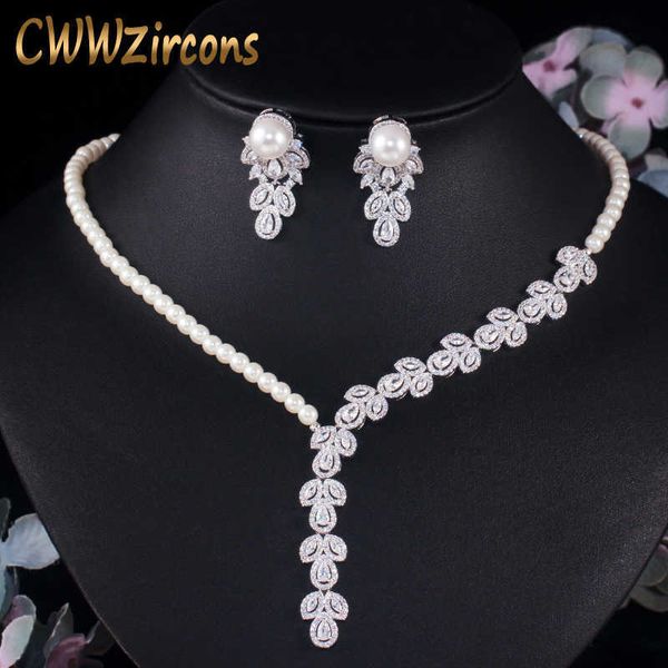 

cwwzircons dangle drop cubic zirconia simulated pearl necklace earrings women party wedding costume jewelry set for brides t452 h1022, Silver