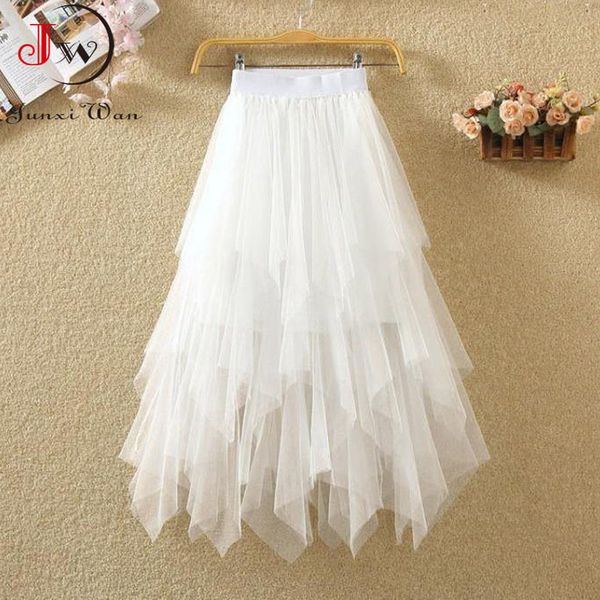 Женщины сладкий MIDI юбка пружины и лето высокая талия твердая асимметричная элегантная шикарная белая сетка тюль юбки Faldas 210510