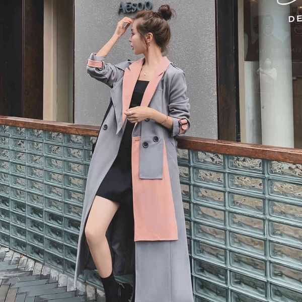 

women's trench coats women windbreaker 2021 spring autumn high-grade grey stitching long korean personality suit collar double bre, Tan;black