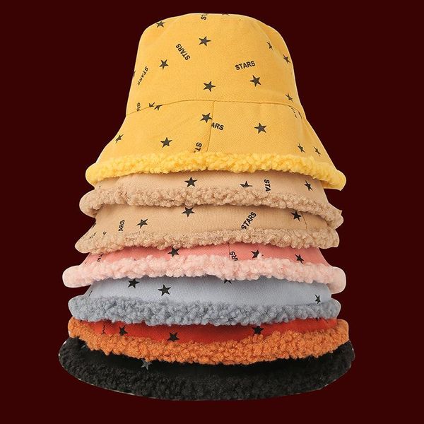 

wide brim hats macaron color star printed women bucket hat autumn winter plush fleece panama caps female warm double-sided fisherman sun, Blue;gray