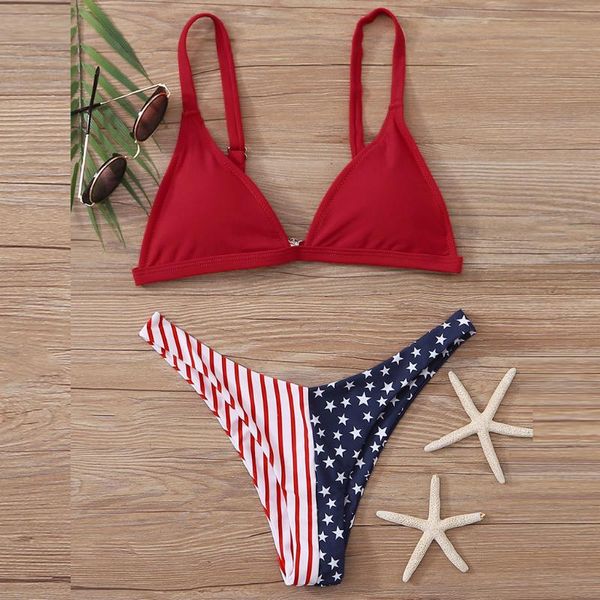 

american flag bandage bikini set 2021 triangle halter push-up bra thong swimsuit bathing suit swimwear stro kapielowy women's, White;black
