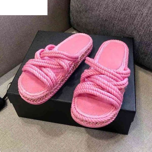 

sandals hemp rope flat slippers woven beach women slides thick sole crossover vacotion platform casual dress flipflops 2021 wm7f, Black