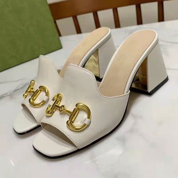 

Women Leather Slippers Metal Ring Fashion Designer Lady Open-toed Mid Block Heel Rubber Sole Slide Sandal, Slipper dustbag