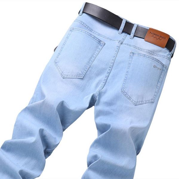

spring summer classic brand embroidery comfortable cotton stretch slim straight lightweight light blue men's thin jeans