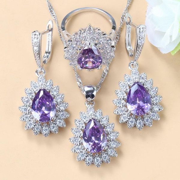 

wedding jewelry sets charm women natural purple crystal bridal 925 silver danger earrings and ring fashion costume, Slivery;golden