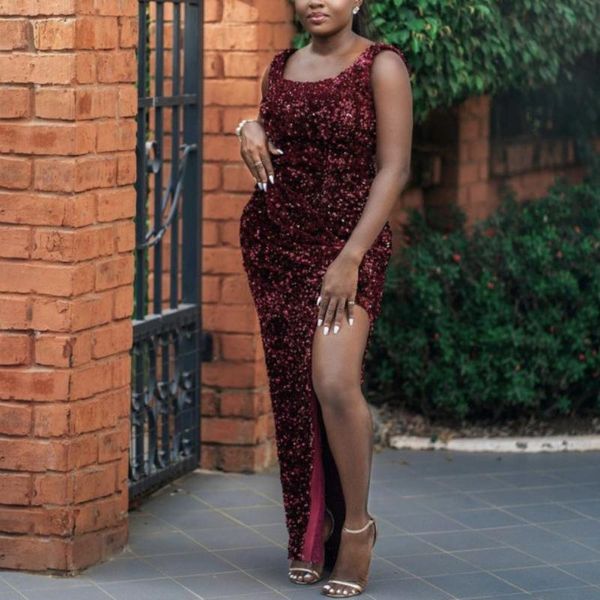 

casual dresses women christmas dress sequined o neck high slit sleeveless bodycon party occasion event african female evening night out gown, Black;gray