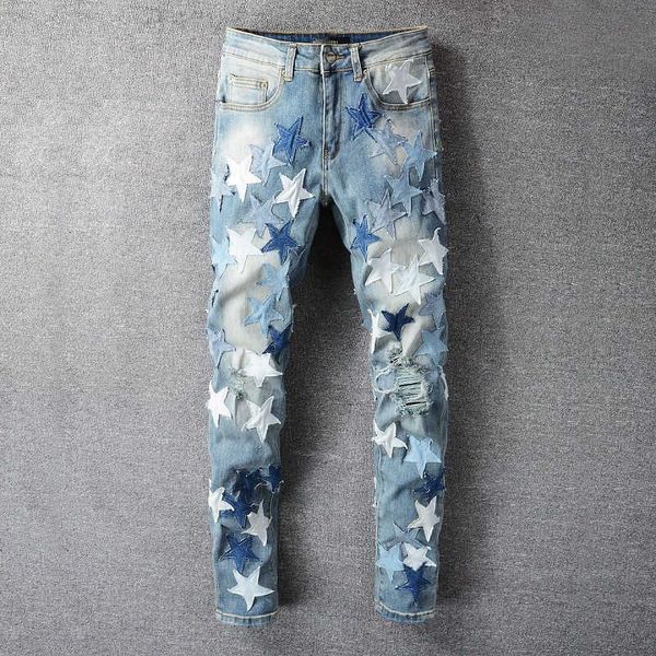 

men's star blue jeans, motorcycle pants, splicing, korean fashion