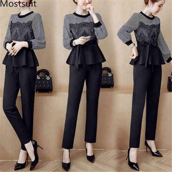 

autumn black houndstooth office two piece sets outfits women plus size lace patchwork and pants elegant ladies suits 210518, White
