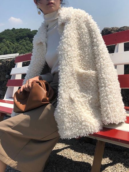 

women's wool & blends circle lamb plush coat short 2021 winter loose furry teddy curly fur, Black