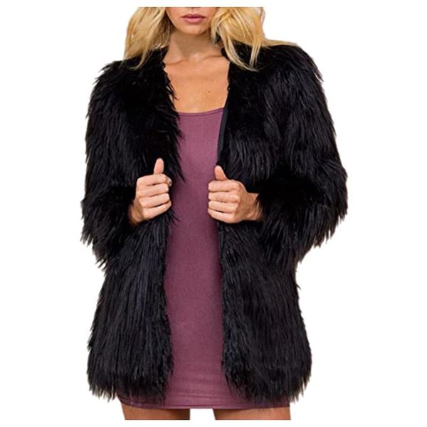 

women's fur & faux colorful boho furry coat soild plus size women coats autumn winter pink shaggy jacket fourrure bontjas, Black