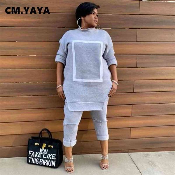 

cm.yaya activewear fleece patchwork women's set crewneck sweatshirt + hole pants suit tracksuit two piece set fitness outfit 210727, White