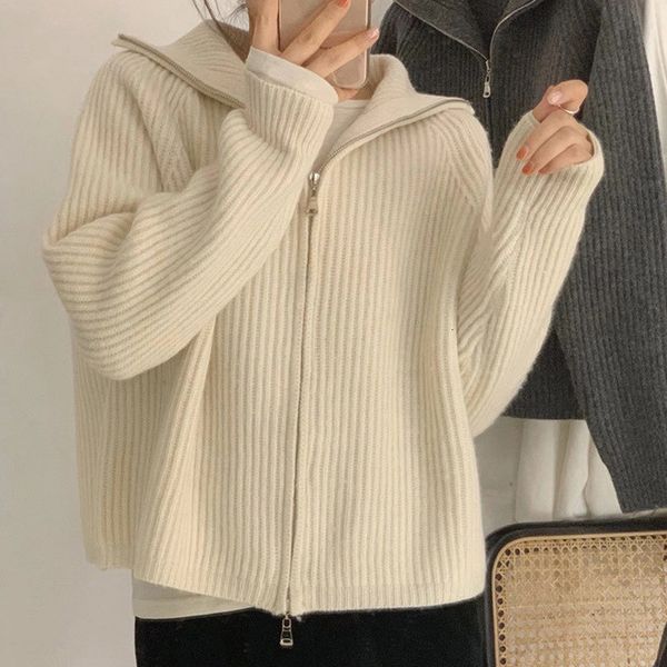 

women's jackets vintage zip up knitted jacket turn down collar korean style tabs soft streetwear 20female autumn sweaters t131, Black;brown