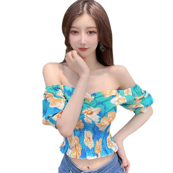 

women's blouses & shirts floral print square collar blouse sweet summer exposed navel puff sleeve chiffon shirt female korean sweety, White