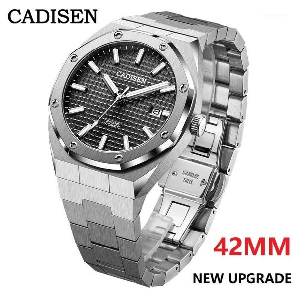 

wristwatches cadisen japan nh35a movt men's watches mechanical automatic watch men 100m waterproof stainless steel wristwatch business, Slivery;brown
