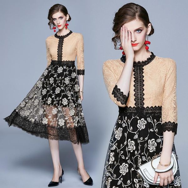 

casual dresses fashion designer women crochet hollow patchwork lace dress elegant office cocktail party robe lady vintage vestidos, Black;gray