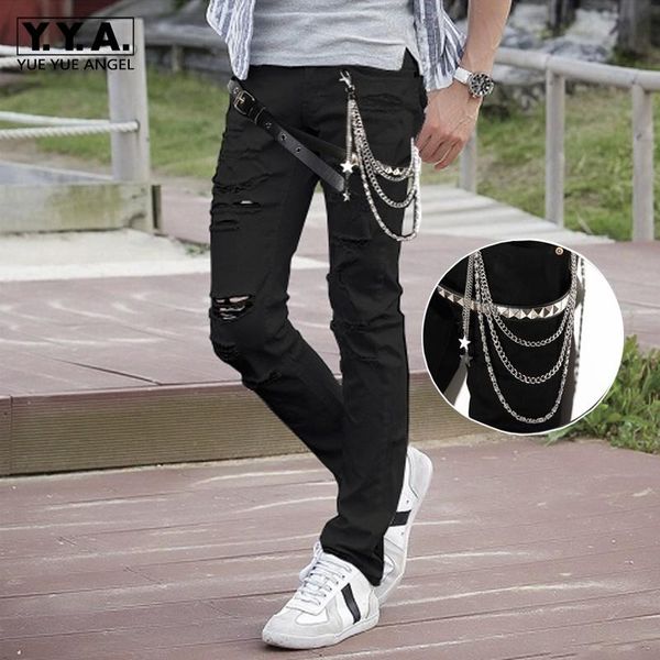 

street hole ripped jeans men fashion 2021 chains slim denim pencil pants personality rivets punk black white zipper trousers men's, Blue