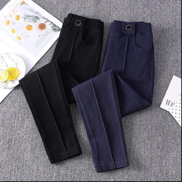 

high waist plus size womens capris casual loose elastic buttons splicing full length dark blue black pencil 4xl 5xl, Black;white