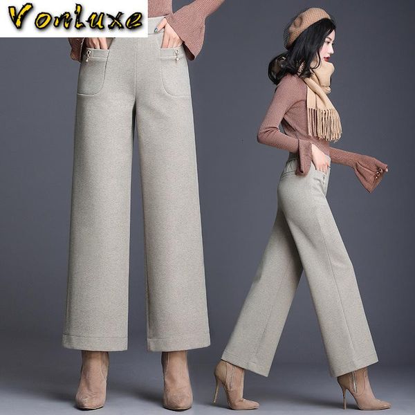 

women's pants & capris high waist wool wide leg women 2021 winter warm woolen elegant office ladies work wear straight trousers female, Black;white