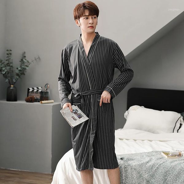 

men's sleepwear plus size -4xl mens robe 100% cotton bathrobe spring autumn nightgown loungewear long-sleeve kimono pijamas, Black;brown