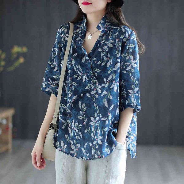 

johnature women vintage shirts cotton linen blouses and print floral stand loose chinese style summer female shirt 210521, White