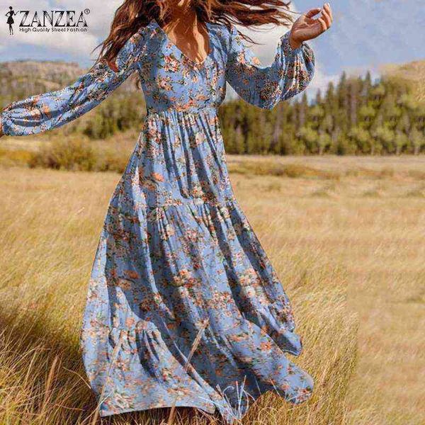 

2021 women's bohemian printed dresses zanzea autumn puff sleeve ruffle maxi vestidos oversized casual holiday party robe femme 7 y1204, Black;gray