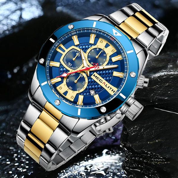 

wristwatches megalith mens watches fashion stainless steel big face quartz watch sports waterproof wist for man relogio masculino 8223, Slivery;brown