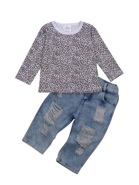 Giyim Setleri Çocuk İki Parçalı Set, Çocuk Leopar Baskılı Uzun Kollu Mürettebat Boyun Gömlek Bebekler için Kot Pantolon