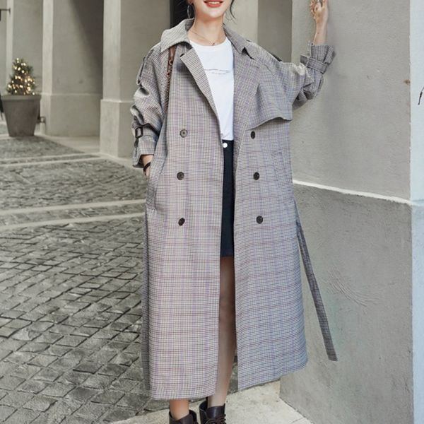 

[ewq] spring ladies mid-length windbreaker fashion plaid chic double breasted long sleeve plus size overcoat women 16q178 210423, Tan;black