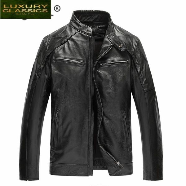 

100% real cow winter leather jacket men streetwear men's clothing business casual mens natural genuine coat 001 & faux, Black