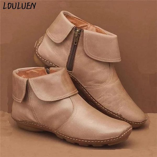 

boots louluen 2021 fashion womens flats non-slip leather zipper round toe casual shoes ankle roman laarzen bottes mujer, Black