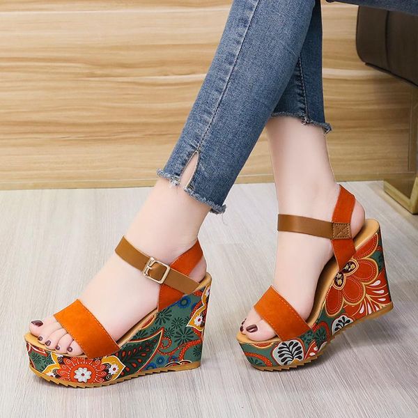 

sandals women's 2021 summer fashion colorful casual buckle strap slip-on retro wedges ladies beach zapatillas mujer, Black
