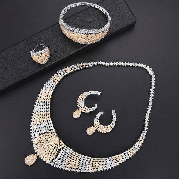 

earrings & necklace larrauri 4pcs luxury cz statement bangle rings for women jewelry sets dubai bride wedding accessories, Silver