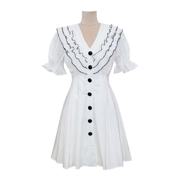 Черная белая твердая V шея шея кнопка с коротким рукавом слоеное платье мини-платье лето повседневное rack d1858 210514