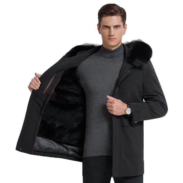 

men's leather & faux 2021 winter warm black jackets coat with big fur collar rex liner thick outdoor for men, m-4xl
