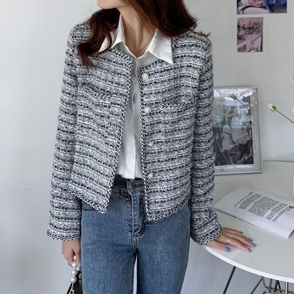 

two piece dress zawfl wool tweed jacket with a row of women's buttons, retro loose long sleeve jacket, round neck, korea, winter fashio, White