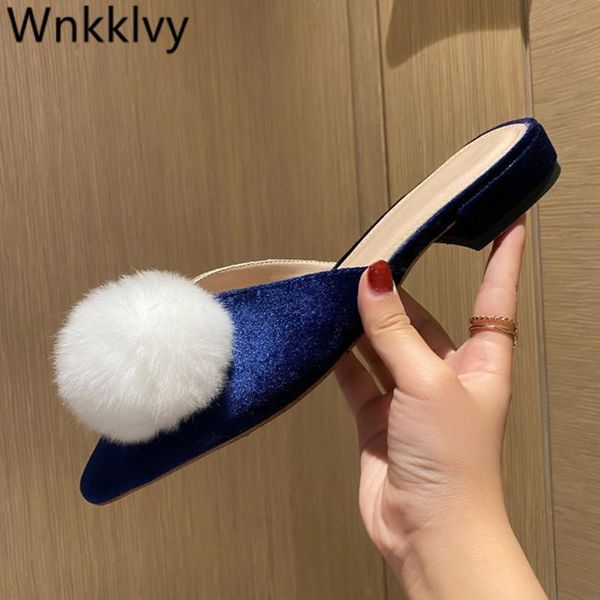 

slippers woman flipflops summer shoes patchwork velvet pompoms decor outdoor 2021 flat heel mules pointed toe lazy loafers, Black