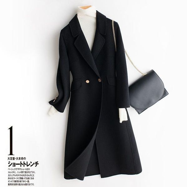

women's wool & blends 2021 autumn winter long slim double-sided tweed coat woolen plush no cashmere, Black