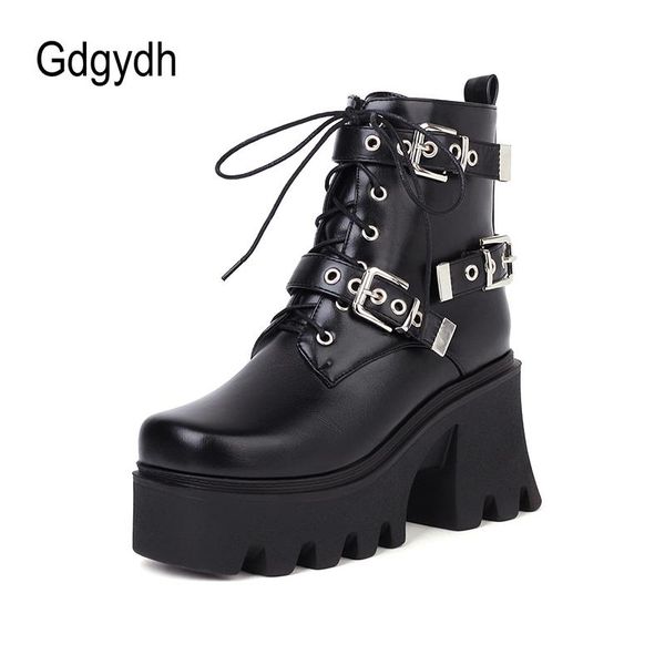 

boots gdgydh rubber sole female with buckles american style platfom thick shoes for autumn footwear walking, Black