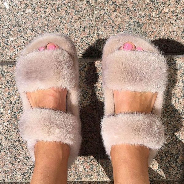 

sandals arrival women's furry slides 100% luxury mink slippers flat heel european station winter, Black