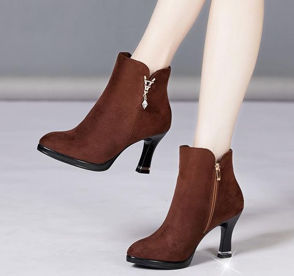 

boots 2021 autumn and winter plus velvet high-heeled suede thick-soled wild women's shoes, Black