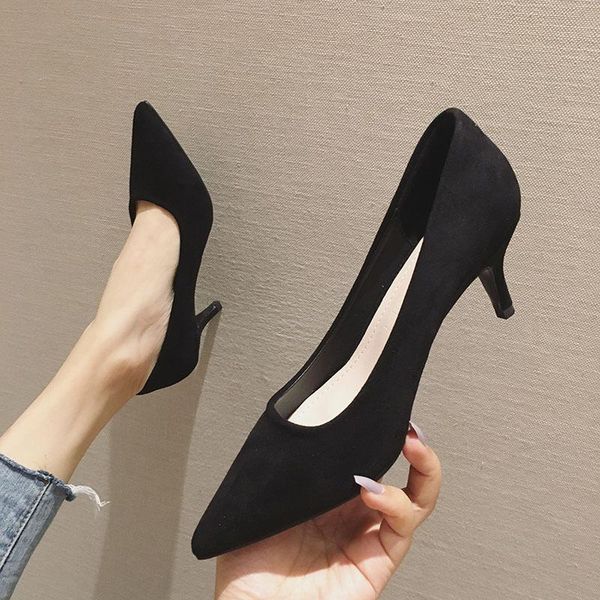 

dress shoes limeike spring autumn flock women pumps fashion pointed toe ladies party high heels handmade woman, Black
