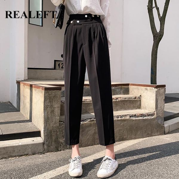 

women's pants & capris realeft summer 2021 formal harem button high waist elegant office lady ankle-length loose pockets, Black;white