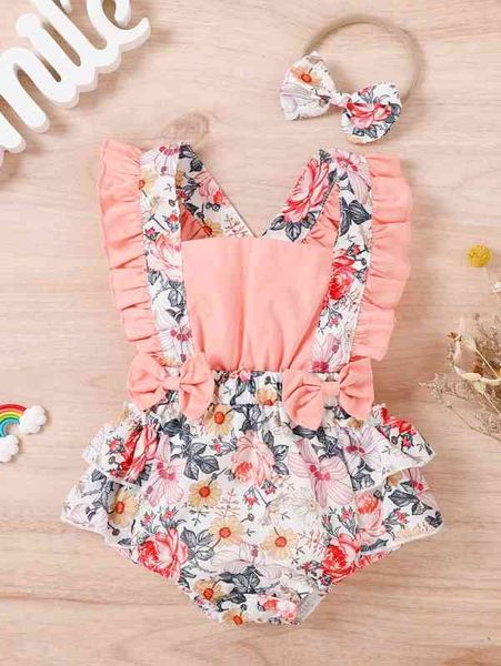 

baby floral print bow front ruffle trim bodysuit with headband she, Blue