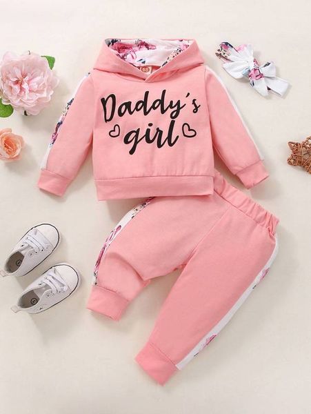

baby letter graphic contrast floral side seam hoodie & sweatpants she, White