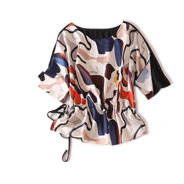 

women's t-shirt fashion shirt abstract color map draw rope face waist chiffon small summer, White