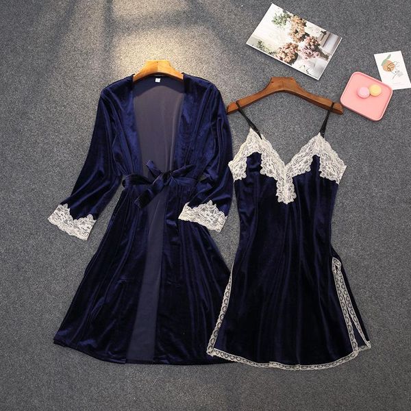 

women's sleepwear lady velour kimono bathrobe gown lace nightdress autumn nightgown intimate lingerie soft home clothes, Black;red