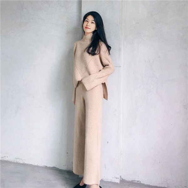 

women's two piece pants 2021 winter casual tracksuits lady turtleneck long sleeve jumpers & elastic waist wide leg female knitted 2 set, White