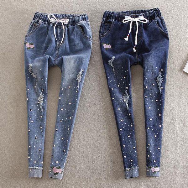 

women's jeans embroidered elastic beaded diamond drill hole pencil feet pants, Blue